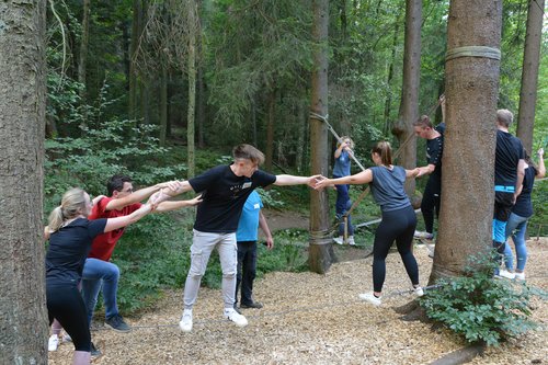 Eine Gruppe von Personen befindet sich in einem Niedrigseilgarten und unterstützt sich gegenseitig beim Balance halten. Foto: Patrik Neuhaus / Kreis Soest