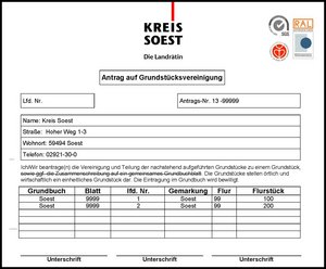 Antrag auf Grundstücksvereinigung. Screenshot: Kreis Soest Antrag auf Grundstücksvereinigung. Screenshot: Kreis Soest