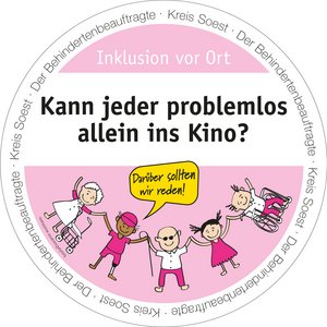 Bierdeckel mit der Aufschrift: Kann jeder problemlos allein ins Kino? Bierdeckel-Aktion "Inklusion vor Ort" - Der Behindertenbeauftragte Kreis Soest. Grafik: Kreis Soest