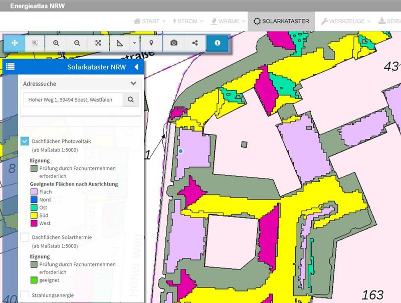 Ausschnitt aus dem Solarkataster NRW Ausschnitt aus dem Solarkataster NRW