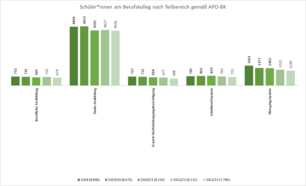 Säulendiagramme zeigen die Schüler*innenzahl am Berufskolleg nach Teilbereich gem. APO-BK über die vergangenen fünf Jahre.