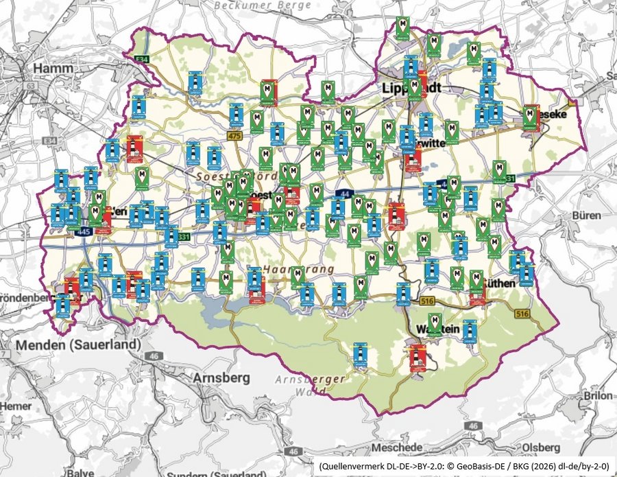 Übersicht Leuchttürme. Grafik: Kreis Soest. Quellenvermerk: DL-DE->BY 2.0: © Geobasis-DE / BKG (2026) dl-de/by-2-0)