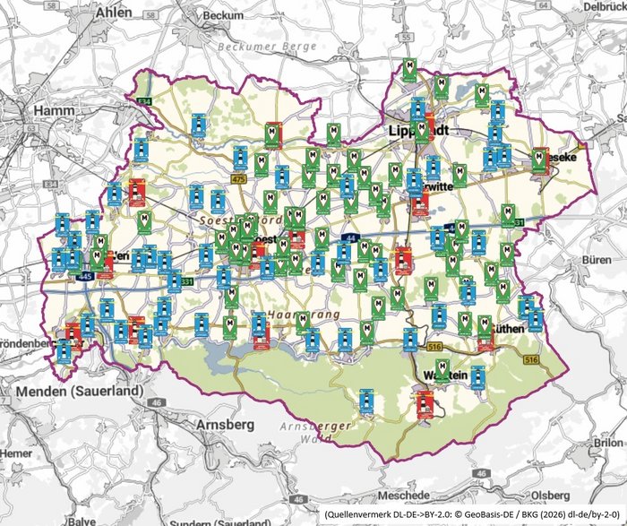 Übersicht Leuchttürme. Grafik: Kreis Soest. Quellenvermerk: DL-DE->BY 2.0: © Geobasis-DE / BKG (2026) dl-de/by-2-0)