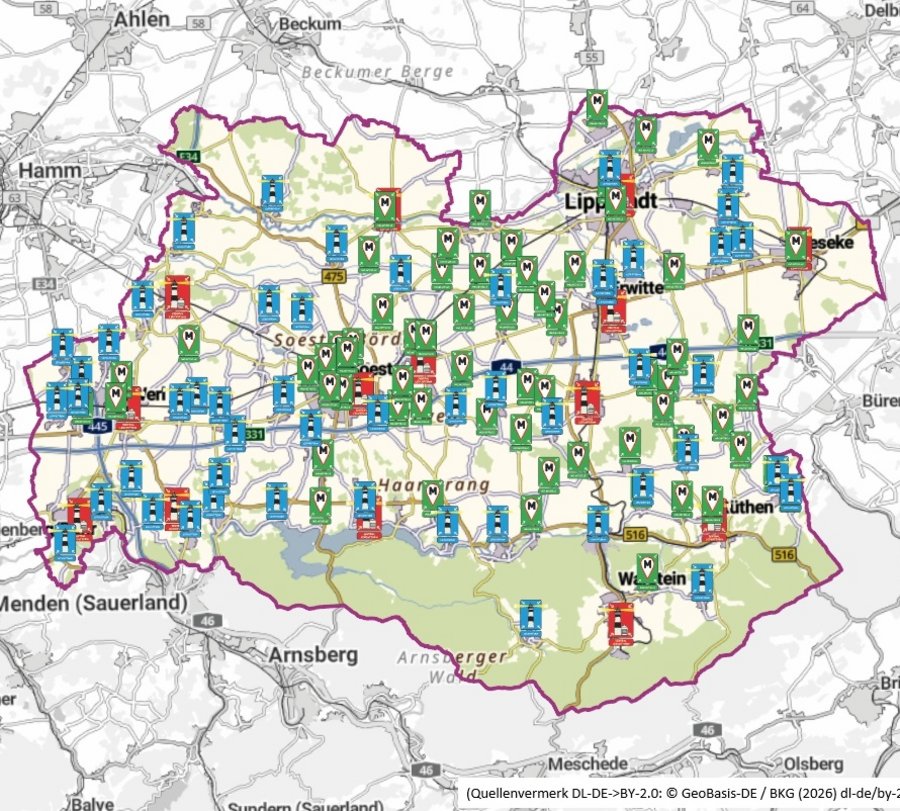 Übersicht Leuchttürme. Grafik: Kreis Soest. Quellenvermerk: DL-DE->BY 2.0: © Geobasis-DE / BKG (2026) dl-de/by-2-0)
