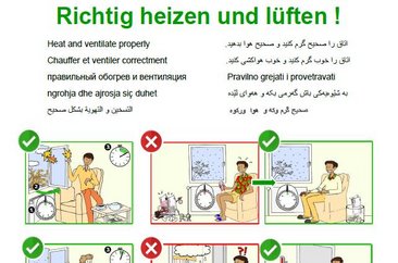 Mehrsprachiges Plakat "Richtig heizen und lüften"