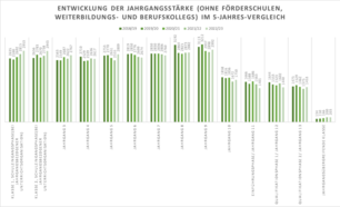 Säulendiagramme zeigen die Schüler*innenzahl je Schuljahrgang in den vergangenen fünf Jahren - Anzahl ohne Schüler*innen an Förderschulen, Weiterbildungskolleg und Berufskollegs.