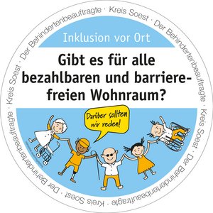 Bierdeckel mit der Aufschrift: Gibt es für alle bezahlbaren und barrierefreien Wohnraum? Bierdeckel-Aktion "Inklusion vor Ort" - Der Behindertenbeauftragte Kreis Soest. Grafik: Kreis Soest
