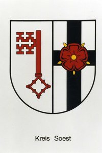Im neuen Kreiswappen sind die Ursprünge noch abzulesen, so ist dem alten Lippstädter Wappen mit dem Kurkölner Kreuz und der Lipperose noch der Soester Petrusschlüssel hinzugefügt. Foto: Kreisarchiv Soest, F 1 Nr. 50752.