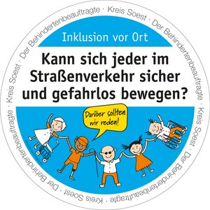 Bierdeckel mit der Aufschrift: Kann sich jeder im Straßenverkehr sicher und gefahrlos bewegen? Bierdeckel-Aktion "Inklusion vor Ort" - Der Behindertenbeauftragte Kreis Soest. Grafik: Kreis Soest
