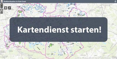 Kartendienst Breitbandausbau im Kreis Soest starten! Ein Icon. Im Hintergrund ist ein Kartendienst zu sehen, im Vordergrund steht "Kartendienst starten". Wenn das Icon angewählt wird, öffnet sich ein neuer Tab und der Kartendienst öffnet sich.