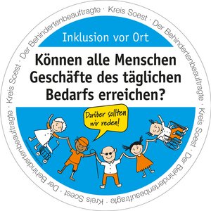 Bierdeckel mit der Aufschrift: Können alle Menschen Geschäfte des täglichen Bedarfs erreichen? Bierdeckel-Aktion "Inklusion vor Ort" - Der Behindertenbeauftragte Kreis Soest. Grafik: Kreis Soest
