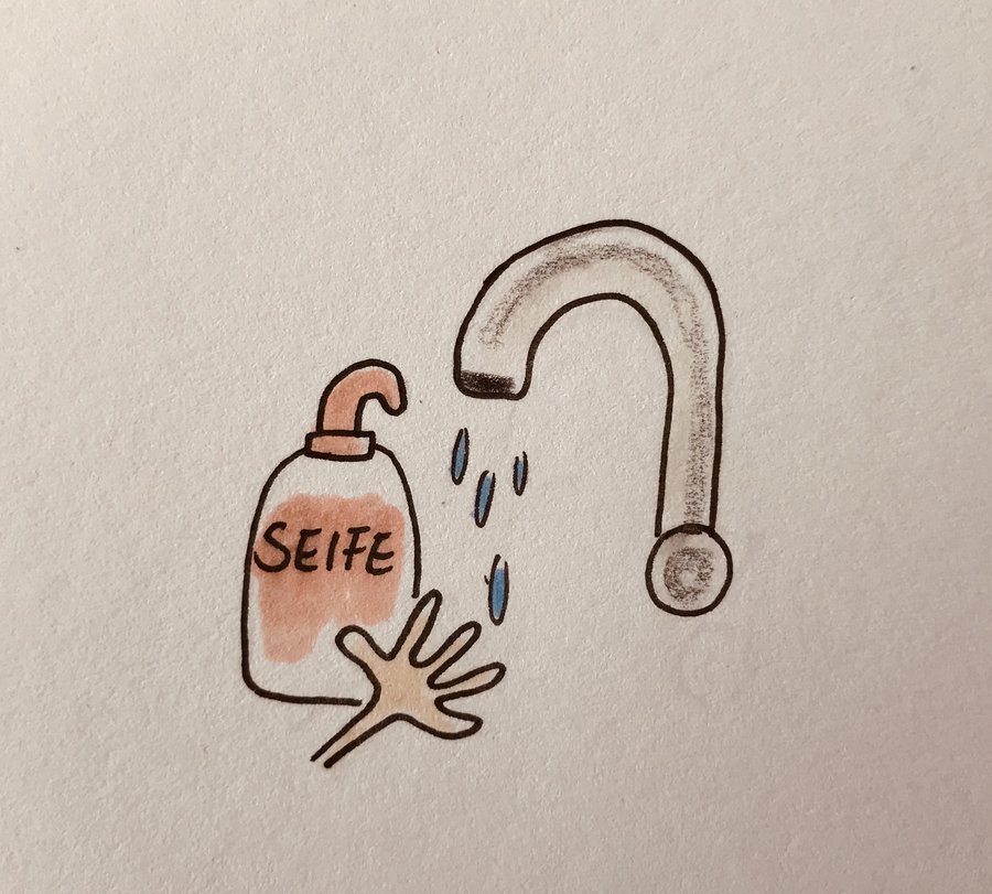 Seifenflasche vor Wasserhahn. Zeichnung: Kreis Soest/Gesundheitsamt