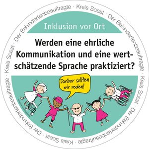 Bierdeckel mit der Aufschrift: Werden eine ehrliche Kommunikation und eine wertschätzende Sprache praktiziert? Bierdeckel-Aktion "Inklusion vor Ort" - Der Behindertenbeauftragte Kreis Soest. Grafik: Kreis Soest