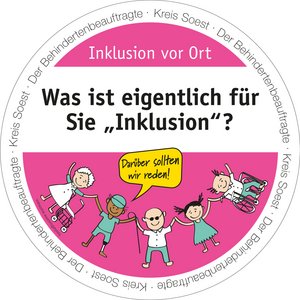 Bierdeckel mit der Aufschrift: Was ist für Sie eigentlich Inklusion? Bierdeckel-Aktion "Inklusion vor Ort" - Der Behindertenbeauftragte Kreis Soest. Grafik: Kreis Soest