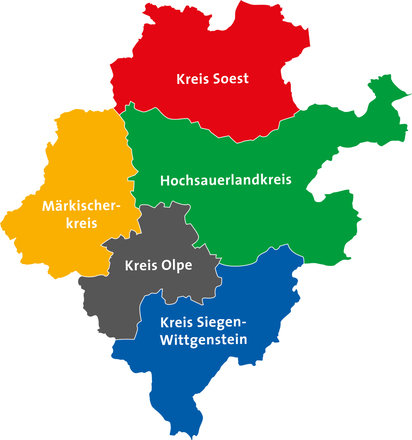 Zur Region Südwestfalen gehören der Kreis Soest, der Kreis Olpe,<br> der Kreis Siegen-Wittgenstein, der Hochsauerlandkreis und der Märkische Kreis. Karte: Südwestfalen-Agentur.