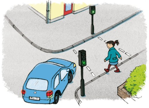 Achtung: Die abbiegenden Autos haben auch "Grün"! Passe gut auf, ob die Autofahrer anhalten!