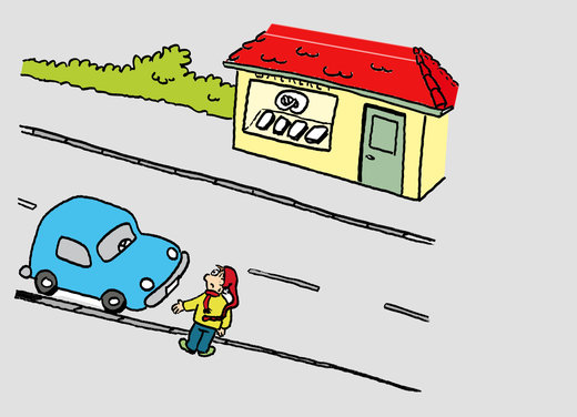 Wenn viele Autos am Straßenrand parken, ist es für Dich besonders gefährlich. Deshalb gehe niemals nahe an parkenden Autos über die Straße - fahrende Autos können Dich dann nicht sehen! 