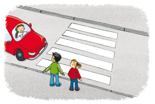 Vor dem Zebrastreifen musst Du immer stoppen und mehrmals nach links und rechts schauen. Zeige mit einem Handzeichen, dass Du über die Straße willst.