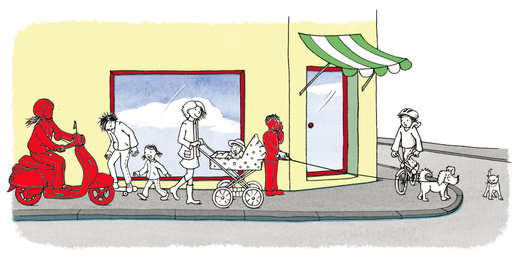 Wer etwas falsch macht, ist rot markiert. Der Rollerfahrer ganz links muss natürlich auf der Straße fahren. Der Mann mit dem Hund ist abgelenkt, weil er telefoniert. Deshalb merkt er gar nicht, dass die Hundeleine viel zu lang ist. Der Junge mit dem Fahrrad macht alles richtig. Wenn Du sieben Jahre alt bist oder jünger, musst Du mit Deinem Fahrrad auf dem Bürgersteig fahren. Von acht bis zehn Jahren darfst Du auf dem Bürgersteig fahren oder auf der Straße. Ab 11 Jahren darfst Du nur noch Radwege oder Straßen benutzen.