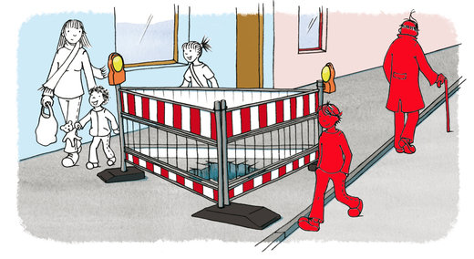 Wer etwas falsch macht, ist rot markiert. Der Junge und der Mann mit dem Stock gehen über die Straße und nicht über den Bürgersteig. Das ist gefährlich! Denn auf der Straße fahren Autos, die viel stärker als sie sind. Der Junge könnte nicht mal sehen, wenn ein Auto käme.