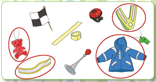 Alle Gegenstände in einem roten Kreis helfen Dir dabei, besser im Straßenverkehr gesehen zu werden. Warum? Weil sie hell aufleuchten, wenn ein Autoscheinwerfer sie anstrahlt.